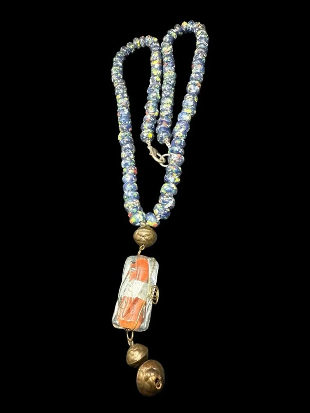 Vintage Venetian Murano Blue Art Glass Floral Wedding Cake Beads Necklace 32”